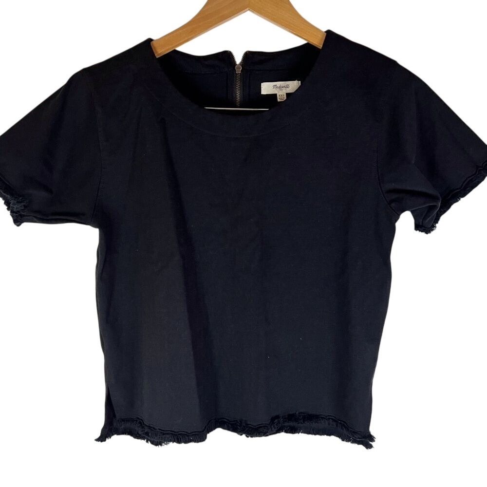 Madewell Black Raw‎ Hem Short Sleeve Heavy Top with Zipper Back Size XXS